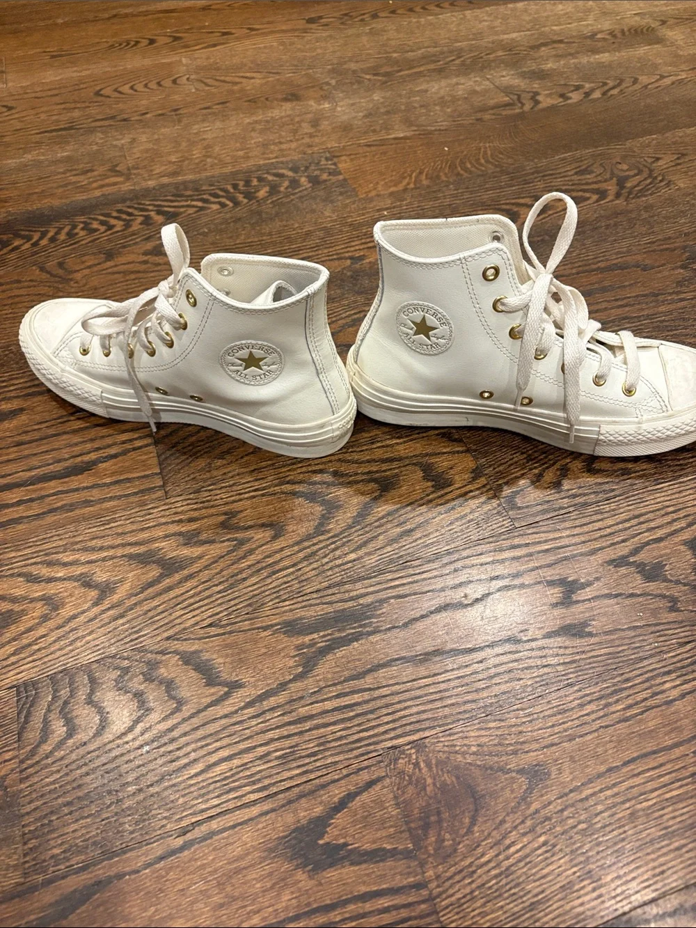 Converse Kids White Leather High Top Sneakers with Gold Eyelets